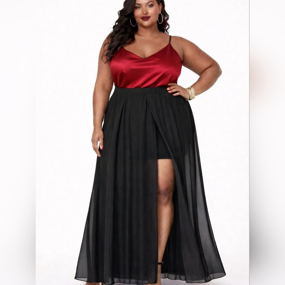 Nwt Ashley Stewart Black Car Wash Panel Mini Maxi Panels Skirt Chiffon Overlay